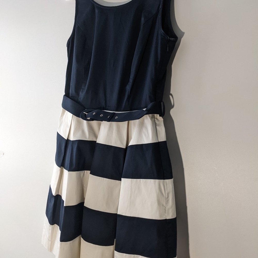 Banana Republic Factory Bold Stripe Fit & Flare Dress Navy White Size 4 PETITE